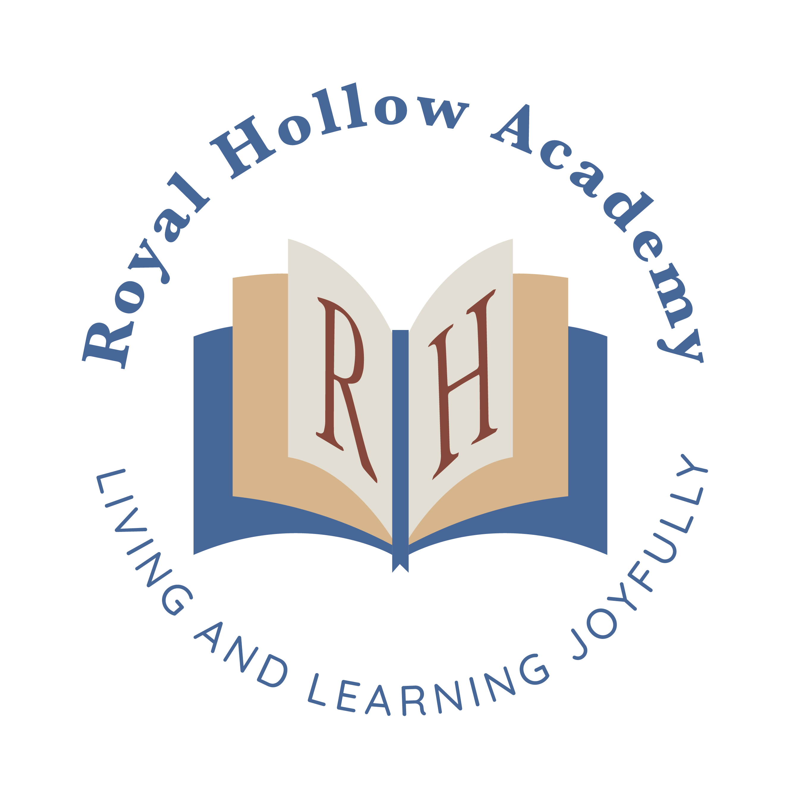 Royal Hollow Academy logo with a book open to pages displaying the letters R and H and motto Living and Learning Joyfully under book